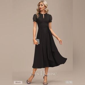 JJ’s House A-line Scoop Tea-Length Chiffon Cocktail Dress With Pleated black 16